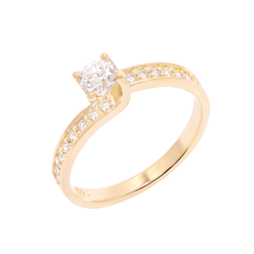 Anel Solitário Em Ouro Amarelo Com 1 Diamante Redondo 0.20ct E Com 18 Diamantes Redondo 0.14ct