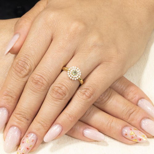 Anel Halo Em Ouro Amarelo Com 1 Safira Verde Redondo 