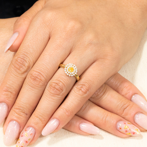 Anel Halo Em Ouro Amarelo Com 1 Safira Amarela Redondo 