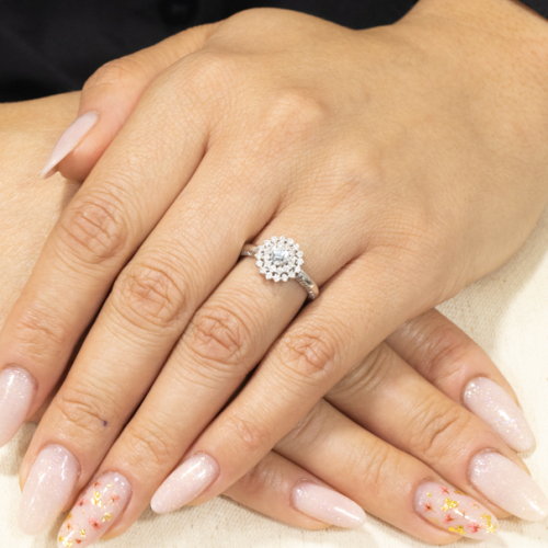 Anel Halo Em Ouro Branco Com 1 Água-marinha Redondo 