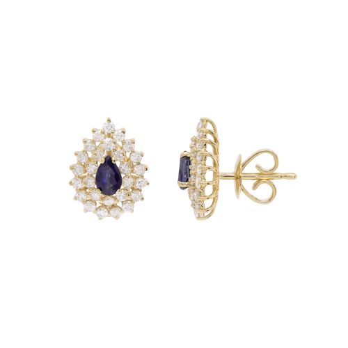 Brinco Halo Em Ouro Amarelo Com 2 Safiras Azuis Gota