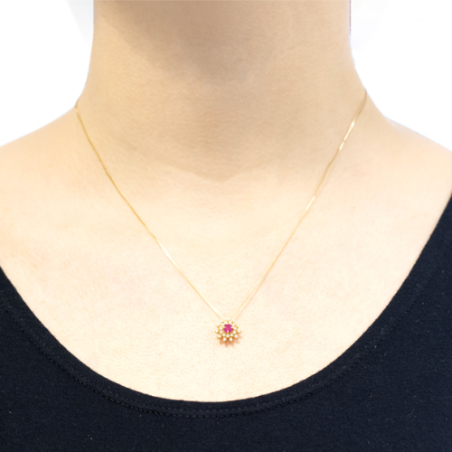 Gargantilha Sol Em Ouro Amarelo 45cm Com 1 Rubi Redondo