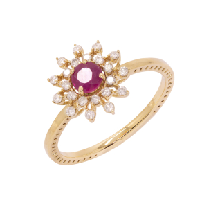 Anel Sol Em Ouro Amarelo Com 1 Rubi Redondo 10