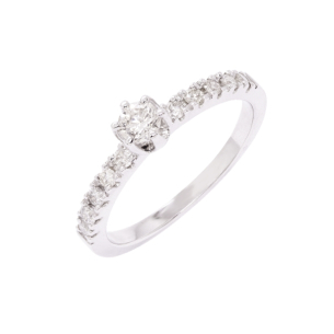 Anel Solitário Em Ouro Branco Com 1 Diamante Redondo 0.20ct E Com 10 Diamantes Redondo 0.22ct 