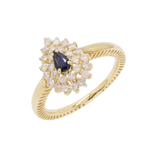 Anel Halo Em Ouro Amarelo  Com 1 Safira Azul  Gota 16