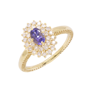 Anel Halo Em Ouro Amarelo Com 1 Tanzanita Oval