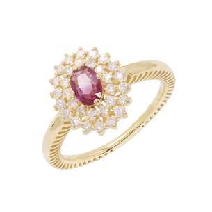 Anel Halo Em Ouro Amarelo  Com 1 Rubi  Oval 16