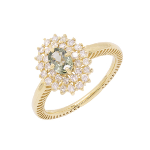 Anel Halo Em Ouro Amarelo  Com 1 Safira Verde  Oval 10