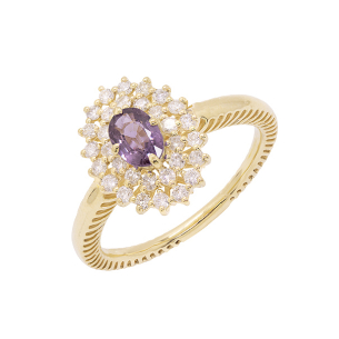 Anel Halo Em Ouro Amarelo Com 1 Safira Roxa Oval