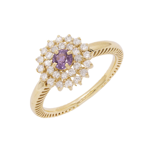 Anel Halo Em Ouro Amarelo  Com 1 Safira Roxa 16