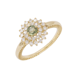 Anel Halo Em Ouro Amarelo  Com 1 Safira Verde 16
