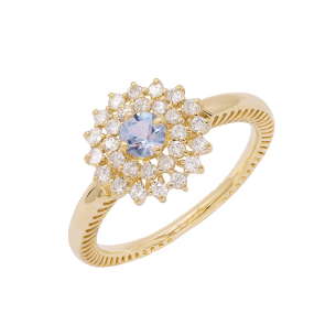 Anel Halo Em Ouro Amarelo  Com 1 Água-marinha  Redondo 16