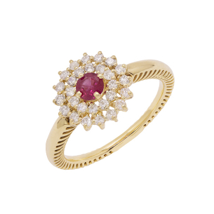 Anel Halo Em Ouro Amarelo  Com 1 Rubi  Redondo 16