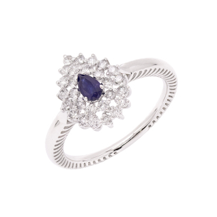 Anel Halo Em Ouro Branco  Com 1 Safira Azul  Gota 16