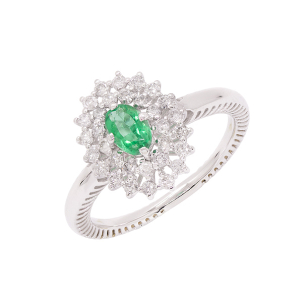 Anel Halo Em Ouro Branco Com 1 Esmeralda  Oval