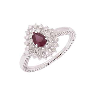 Anel Halo Em Ouro Branco  Com 1 Rubi  Gota 10