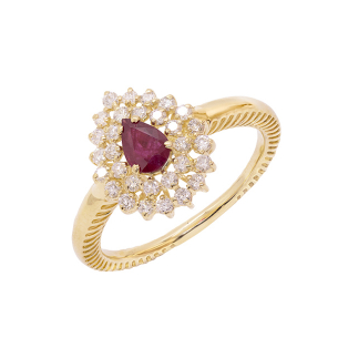 Anel Halo Em Ouro Amarelo Com 1 Rubi Gota