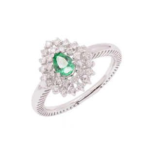 Anel Halo Em Ouro Branco  Com 1 Esmeralda  Gota 10