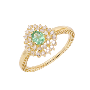 Anel Halo Em Ouro Amarelo  Com 1 Esmeralda  Gota 16