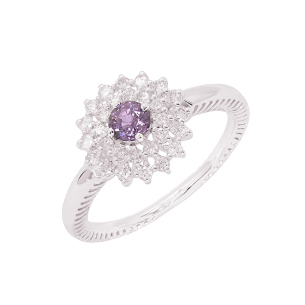 Anel Halo Em Ouro Branco  Com 1 Safira Roxa Redondo 16