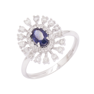 Anel Sol Em Ouro Branco Com 1 Safira Azul Oval