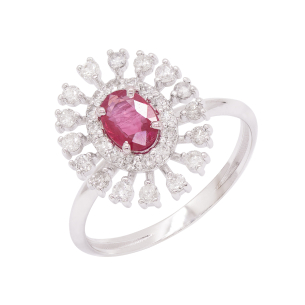 Anel Sol Em Ouro Branco  Com 1 Rubi  Oval 10