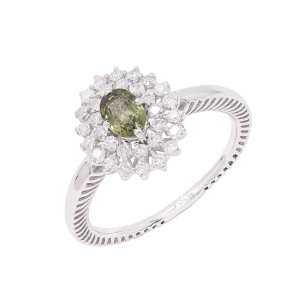 Anel Halo Em Ouro Branco Com 1 Safira Verde Oval