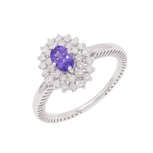 Anel Halo Em Ouro Branco Com 1 Tanzanita Oval