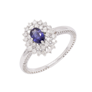 Anel Halo Em Ouro Branco  Com 1 Safira Azul  Oval 16