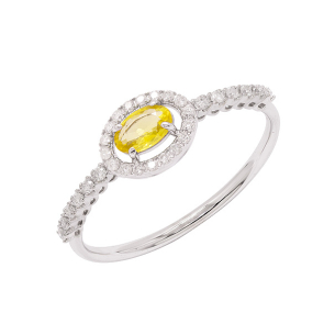 Anel Fianda Em Ouro Branco  Com 1 Safira Amarela  Oval 10