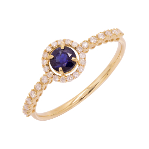 Anel Fianda Em Ouro Amarelo Com 1 Safira Azul Redondo 