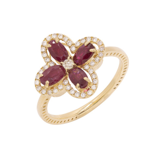 Anel Floresce Em Ouro Amarelo  Com 4 Rubis  Oval 16
