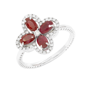 Anel Floresce Em Ouro Branco Com 4 Rubis Oval 