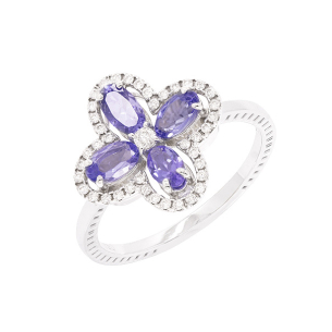 Anel Floresce Em Ouro Branco Com 4 Tanzanitas Oval 