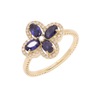 Anel Floresce Em Ouro Amarelo  Com 4 Safiras Azuis  Oval 10