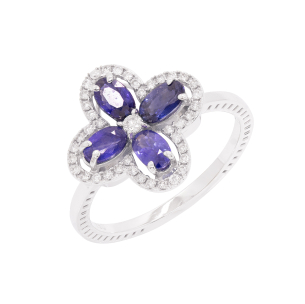 Anel Floresce Em Ouro Branco  Com 4 Safiras Azuis Oval