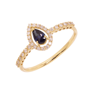 Anel Fianda Em Ouro Amarelo Com 1 Safira Azul Gota