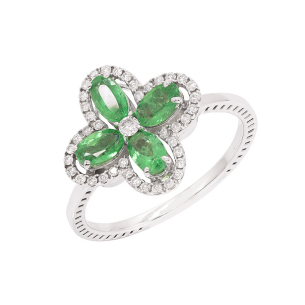 Anel Floresce Em Ouro Branco  Com 4 Esmeraldas  Oval 10