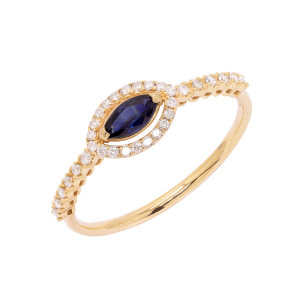 Anel Fianda Em Ouro Amarelo  Com 1 Safira Azul  Navete 16