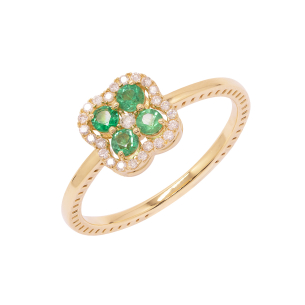 Anel Flor Em Ouro Amarelo Com 4 Esmeraldas Redondo