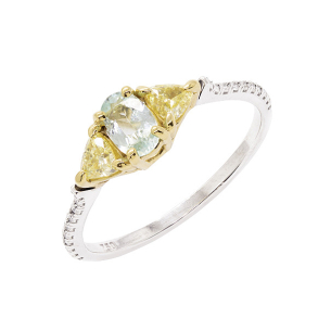 Anel La Dualité Em Ouro Branco  Com 2 Diamantes Fancys Yellows  Trilliant  0.27ct   E Com 1 Turmalina Paraíba  Oval 10