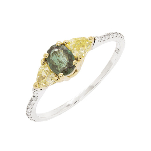 Anel La Dualité Em Ouro Branco  Com 2 Diamantes Fancys Yellows  Trilliant  0.35ct   E Com 1 Alexandrita  Oval 10