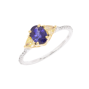 Anel La Dualité Em Ouro Branco Com 2 Diamantes Fancys Yellows Trilliant 0.30ct E Com 1 Safira Azul Oval 10