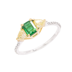 Anel La Dualité Em Ouro Branco  Com 2 Diamantes Fancys Yellows  Trilliant  0.38ct   E Com 1 Esmeralda  Emerald Cut 10