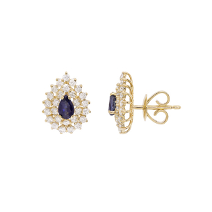 Brinco Halo Em Ouro Amarelo  Com 2 Safiras Azuis  Gota 