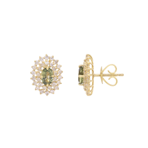 Brinco Halo Em Ouro Amarelo Com 2 Safiras Verdes Oval