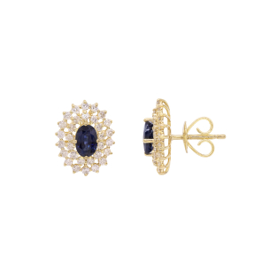 Brinco Halo Em Ouro Amarelo Com 2 Safiras Azuis Oval