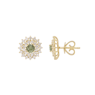 Brinco Halo Em Ouro Amarelo  Com 2 Safiras Verdes  Redondo 