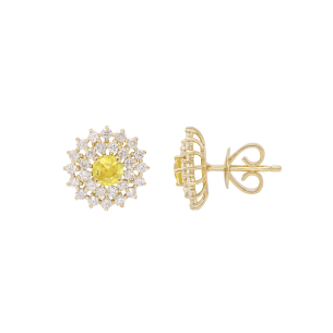 Brinco Halo Em Ouro Amarelo  Com 2 Safiras Amarelas  Redondo 