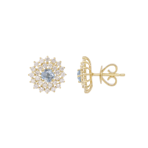 Brinco Halo Em Ouro Amarelo Com 2 Águas-marinhas Redondo